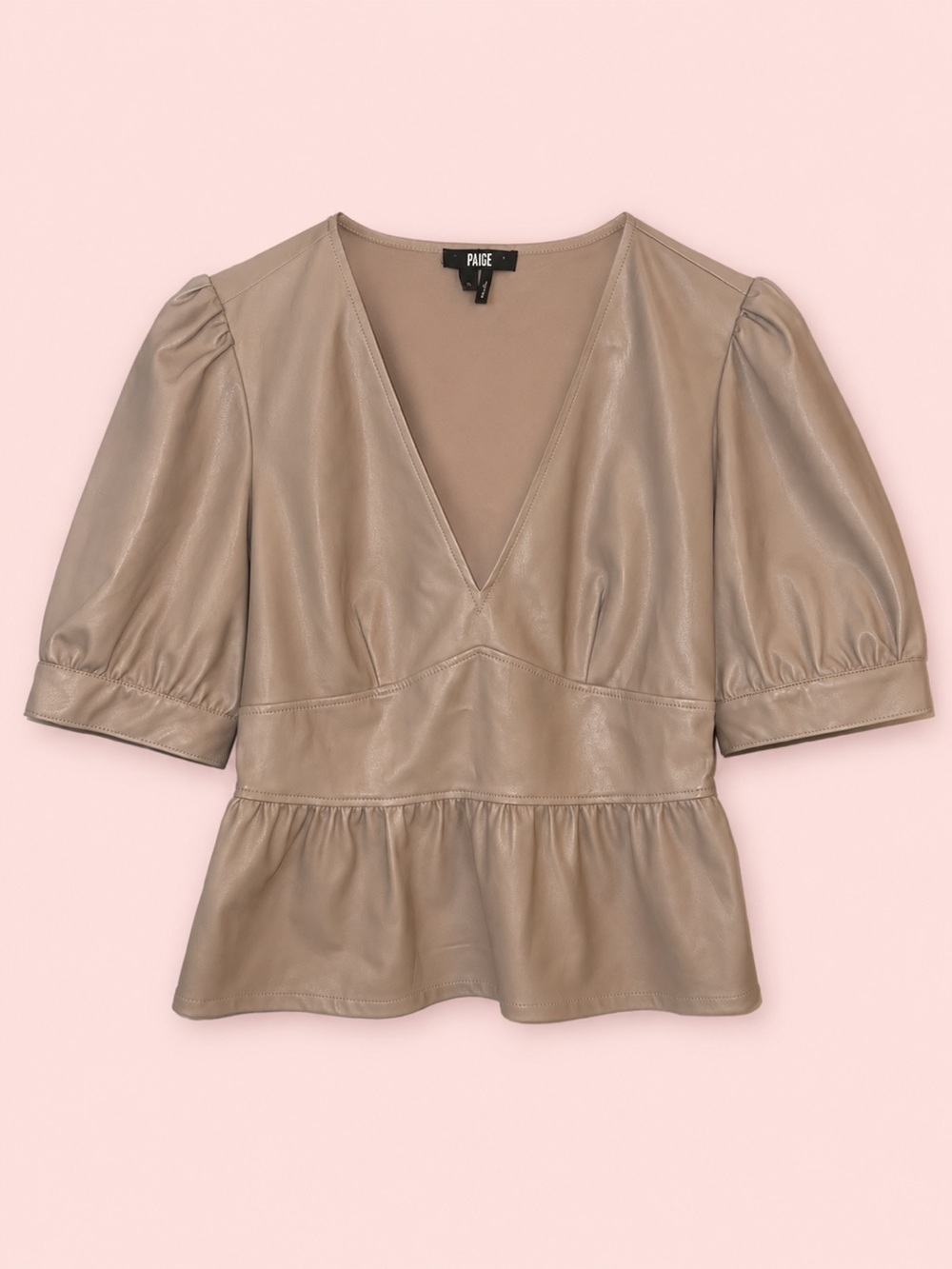 PAIGE Rue Faux Leather Peplum Top Taupe Beige Puff Sleeve V-Neck Size Small